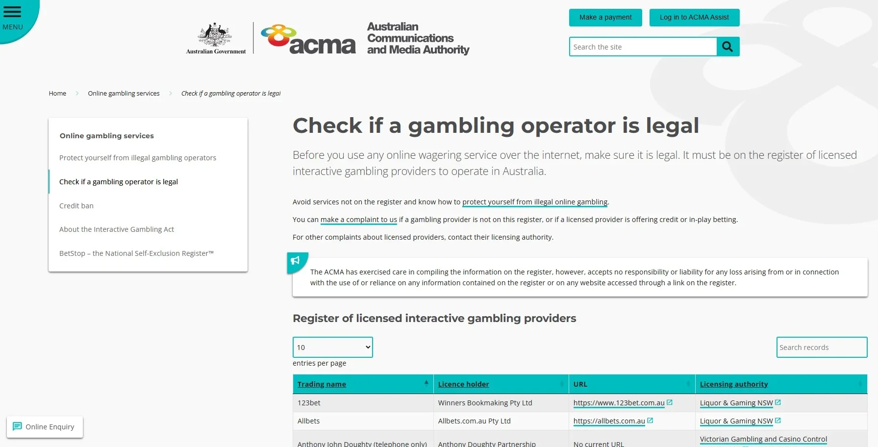 ACMA information about licensed online gambling providers and Australian gambling rules