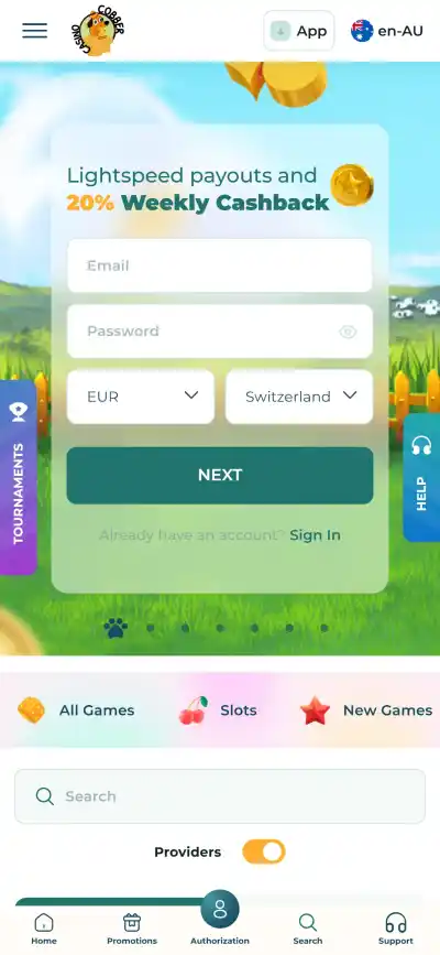 Cobber Casino mobile interface showing the main navigation and game lobby on a phone