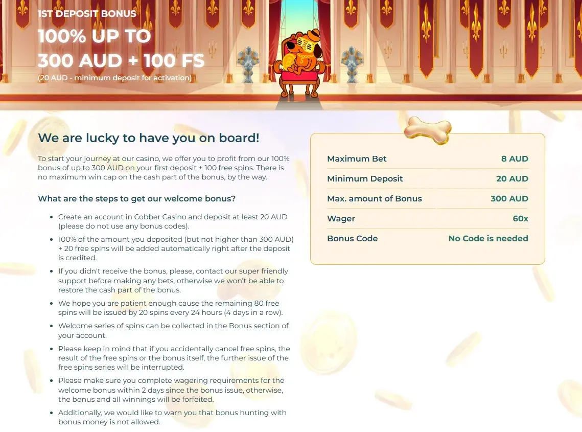 Cobber Casino first-deposit offer showing the Australian dollar bonus terms