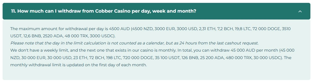 Cobber Casino withdrawal information with AUD limits and payout timing details