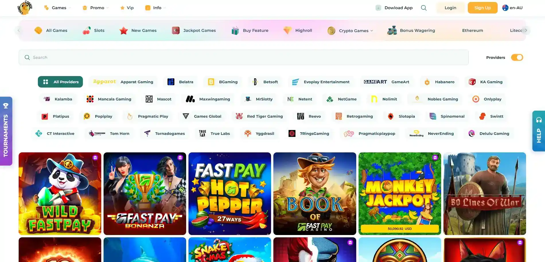 Cobber Casino game lobby with pokies, jackpot categories and provider filters