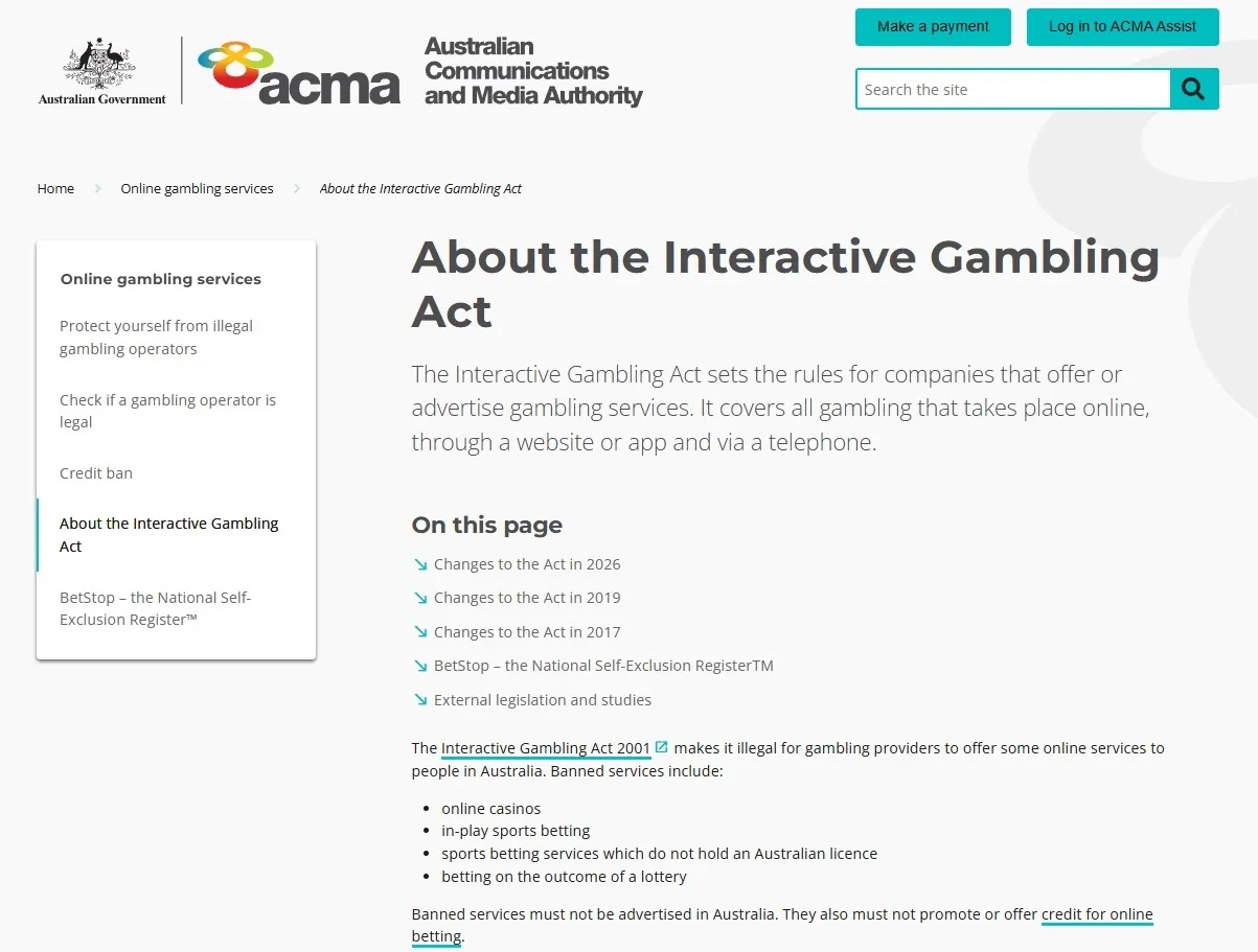 ACMA guidance on Australia's rules for online casino services